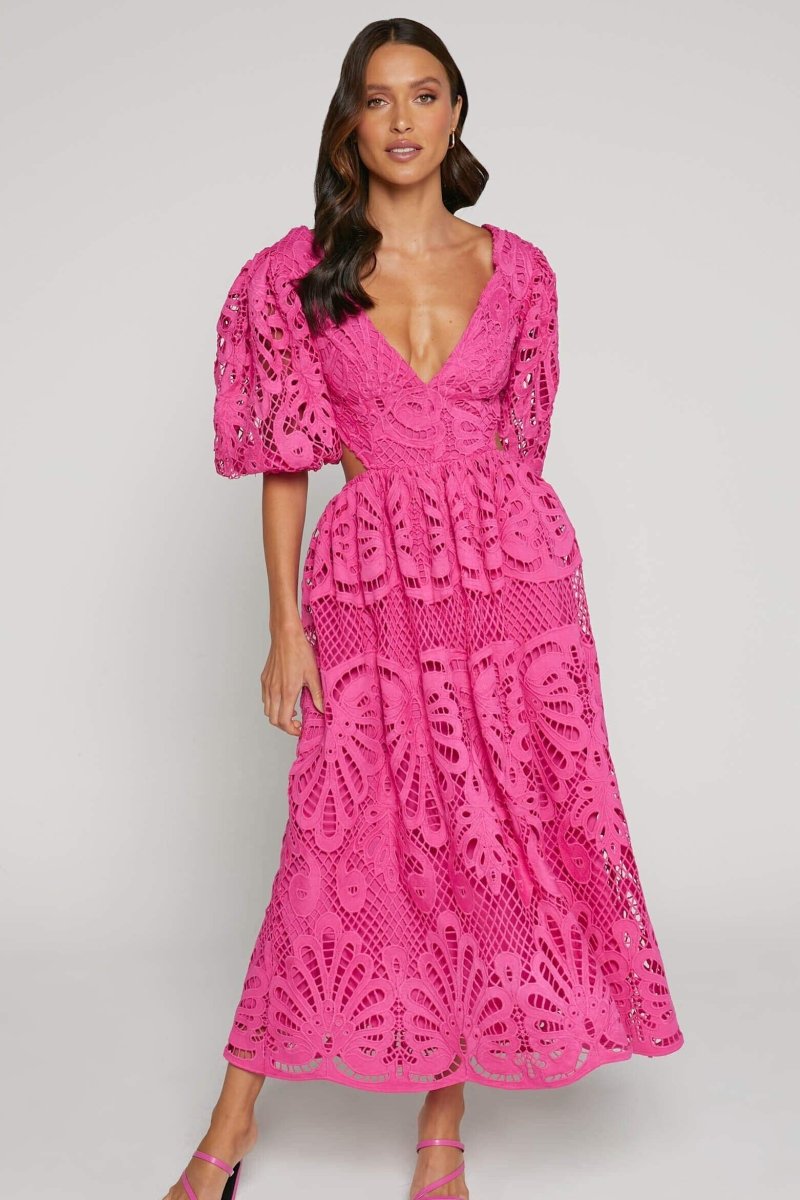 Lace Midi Dress | Elegant & Feminine | Puff Sleeve Detail