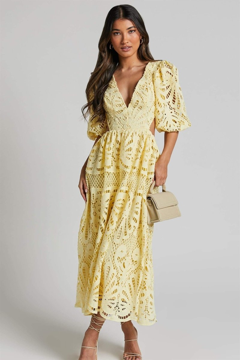 Lace Midi Dress | Elegant & Feminine | Puff Sleeve Detail