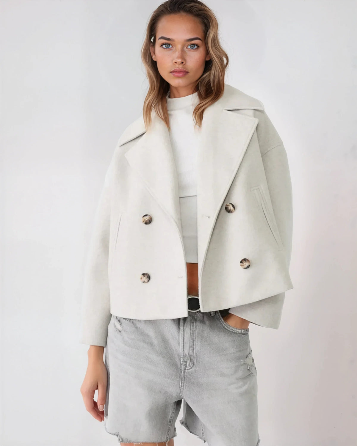 Thalena – Women’s Short Wool Blend Coat with Elegant Crossed Design