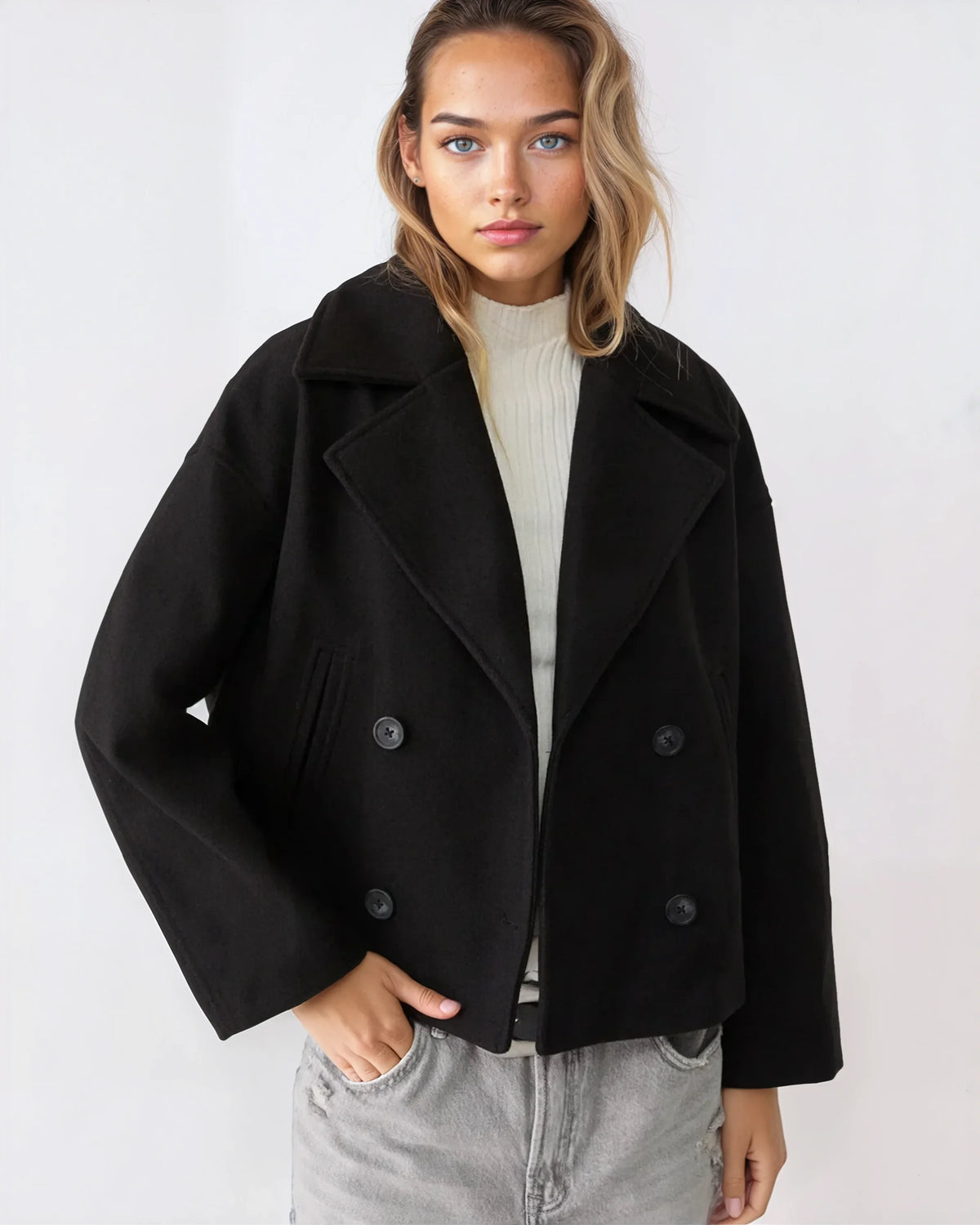 Mirella – Wool Blend Double-Breasted Short Coat for Women