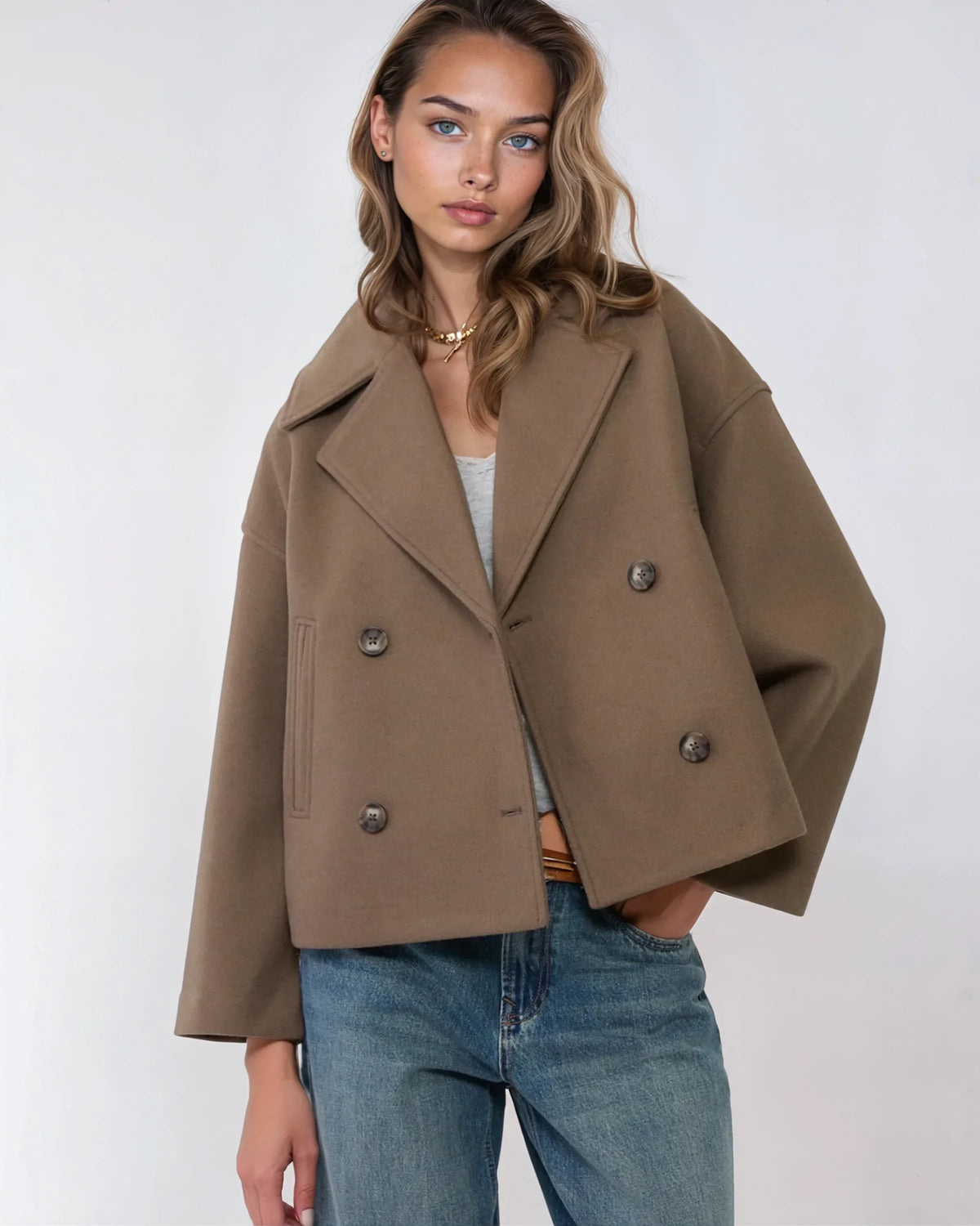 Thalena – Women’s Short Wool Blend Coat with Elegant Crossed Design