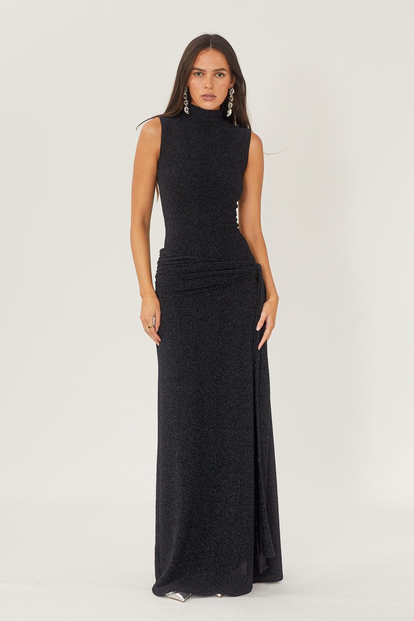 Black High-Neck Maxi Dress | Elegant | Waist Tie Detail