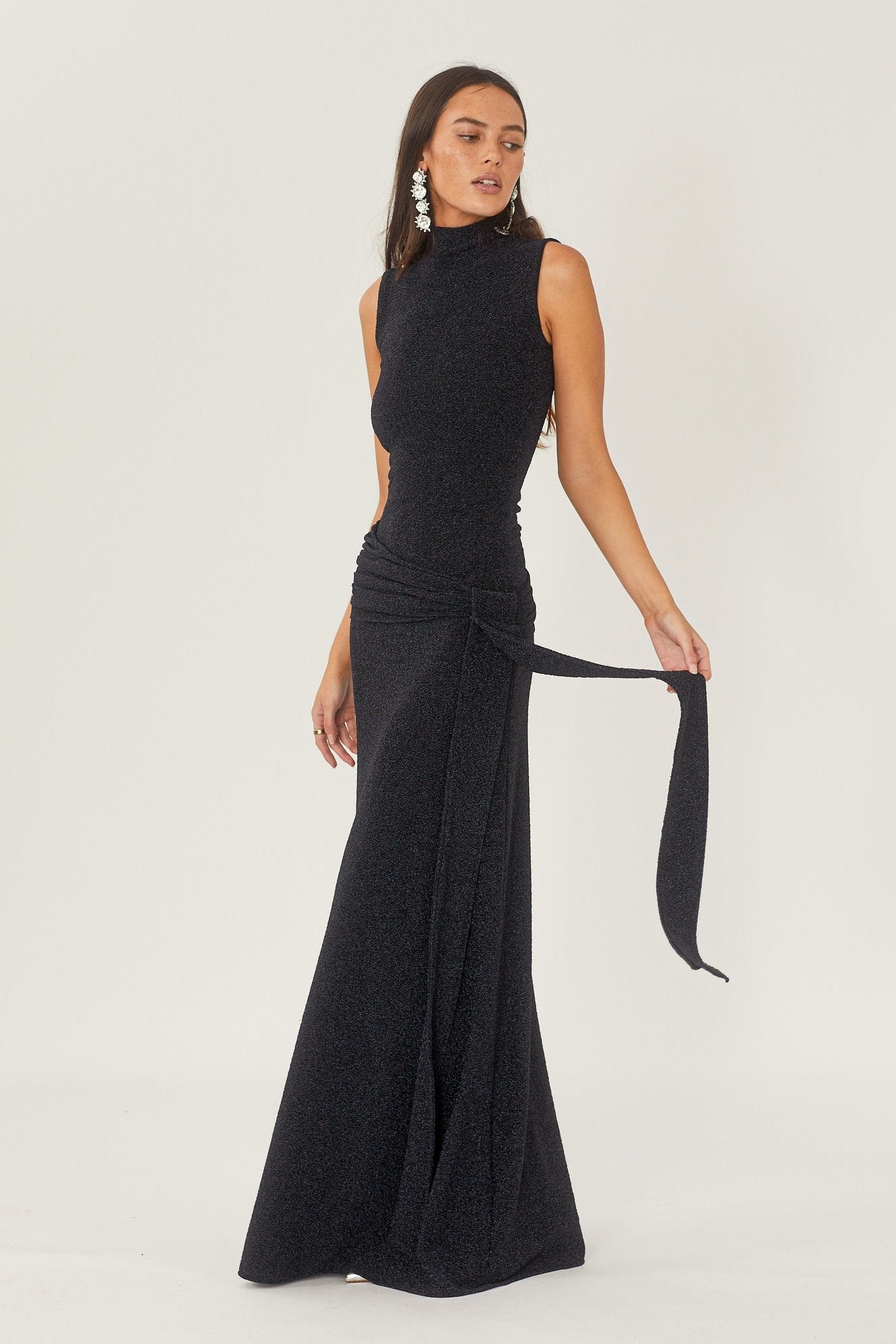 Black High-Neck Maxi Dress | Elegant | Waist Tie Detail